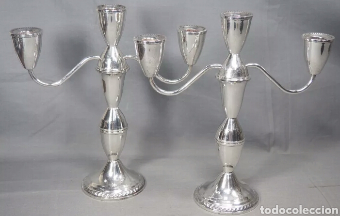 Antiquit&auml;ten: Gran pareja de candelabros antiguos de plata de ley contrastada