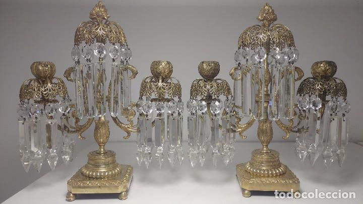 Antigüedades: Pareja de candeleros de bronce y cristal, principios siglo XIX circa 1820 - Foto 12 - 94641295