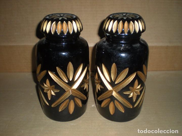 Antiguidades: 2 tarros de vidrio pintados a mano  d10cm h20cm