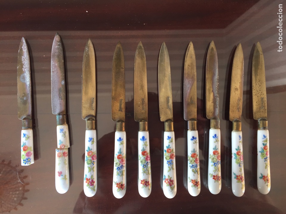 Antiquit&eacute;s: Lote de 10 cuchillos con mango de porcelana RHEINGOLD