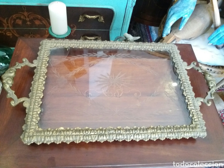 Antig&uuml;edades: BANDEJA DE BRONCE Y CRISTAL TALLADO - Foto 1