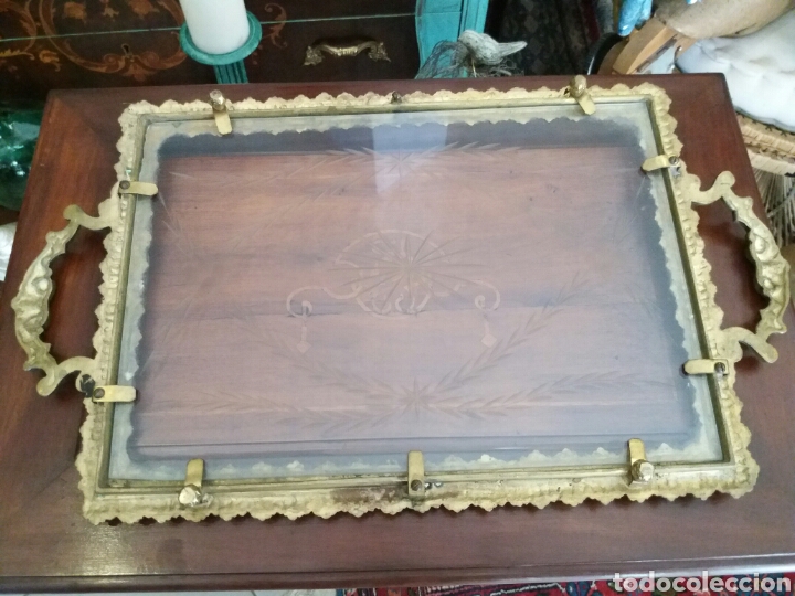 Antig&uuml;edades: BANDEJA DE BRONCE Y CRISTAL TALLADO - Foto 5