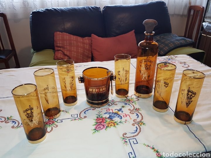 Antiquit&eacute;s: JUEGO BOTELLA CUBITERA VASOS CRISTAL AMBAR VINTAGE. A&Ntilde;OS 60 - 70