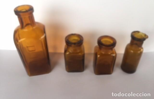 Antigüedades: Conjunto antiguas pequeñas botellas farmacia color ambar - Foto 3 - 111882387