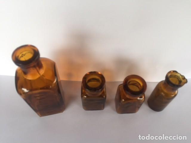 Antigüedades: Conjunto antiguas pequeñas botellas farmacia color ambar - Foto 4 - 111882387