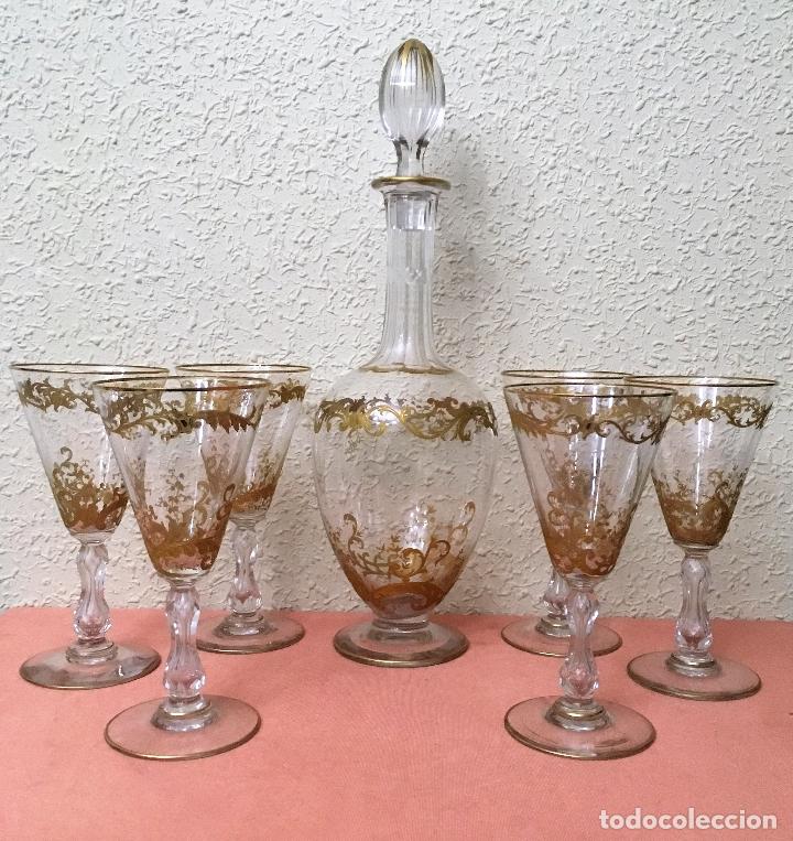 Antig&uuml;edades: Botella y seis copas de cristal seguramente de Moser - Foto 15