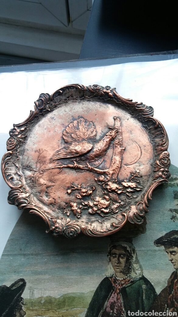 Antigüedades: Plato en bronze o cobre con urogallo - antigua - PRECIOSA !!! - Foto 2 - 117315758