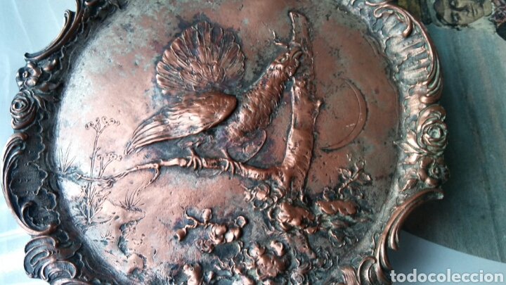 Antigüedades: Plato en bronze o cobre con urogallo - antigua - PRECIOSA !!! - Foto 5 - 117315758