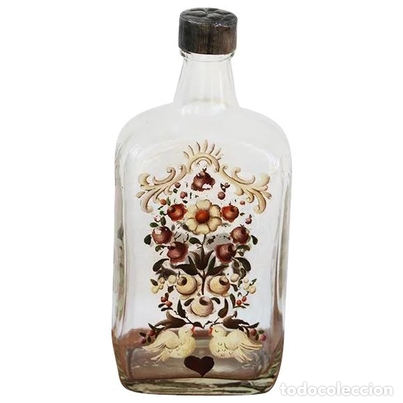 Antiquit&eacute;s: Botella de Brandy de vidrio esmaltado Arte Deco con p&aacute;jaros, cintas y flores, Portugal