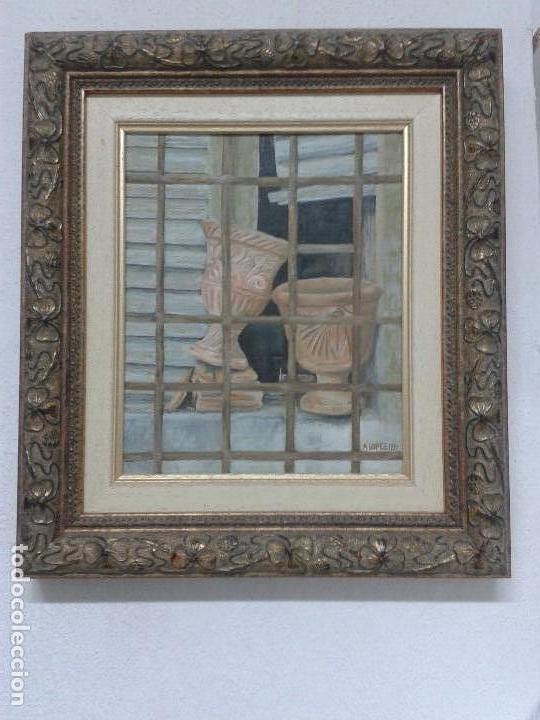 Antig&uuml;edades: CUADRO CON MARCO DE MADERA PINTADO AL OLEO. - Foto 1