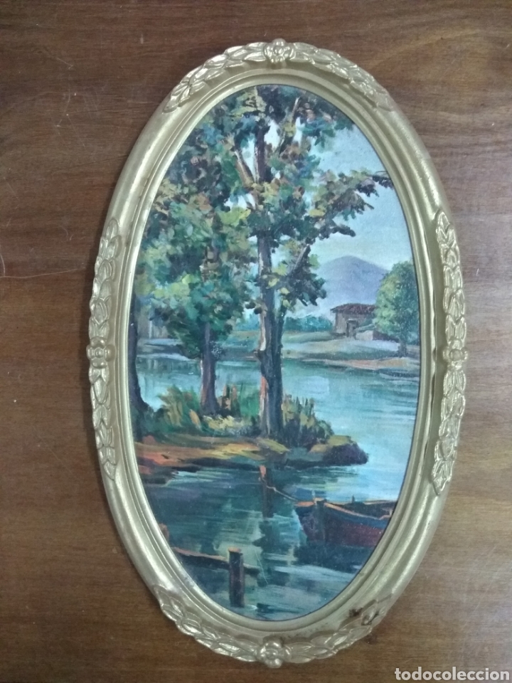 Antiguidades: Cuadrito ovalado con paisaje. 26 x 16 cms. L&aacute;mina