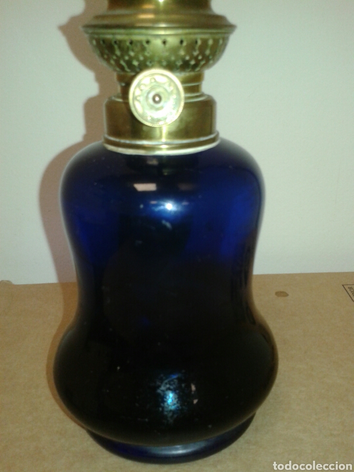 Antig&uuml;edades: ANTIGUO QUINQUE CRISTAL AZUL - Foto 2
