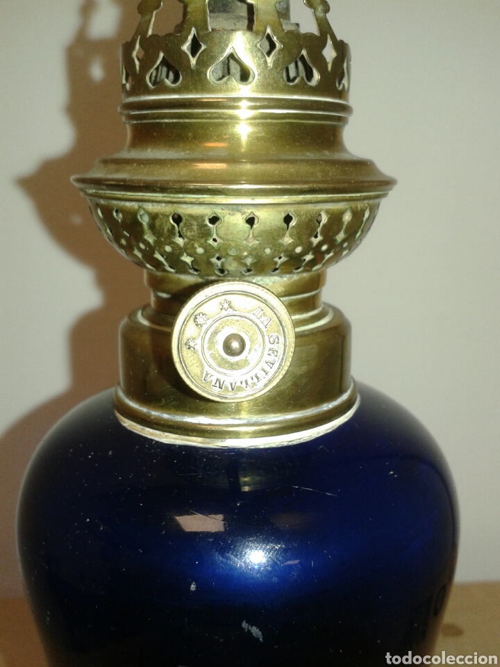 Antig&uuml;edades: ANTIGUO QUINQUE CRISTAL AZUL - Foto 3