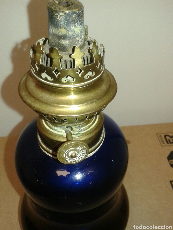 Antig&uuml;edades: ANTIGUO QUINQUE CRISTAL AZUL - Foto 4