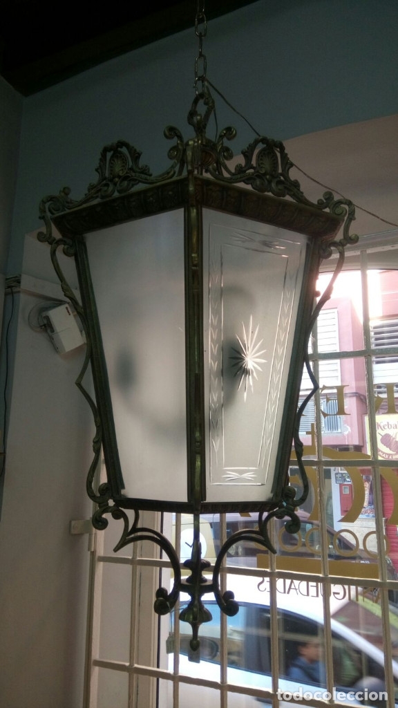 Antig&uuml;edades: Farol de bronce exagonal cristal tallado. - Foto 5