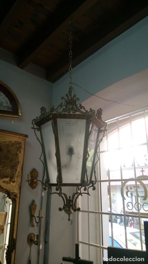 Antig&uuml;edades: Farol de bronce exagonal cristal tallado. - Foto 4