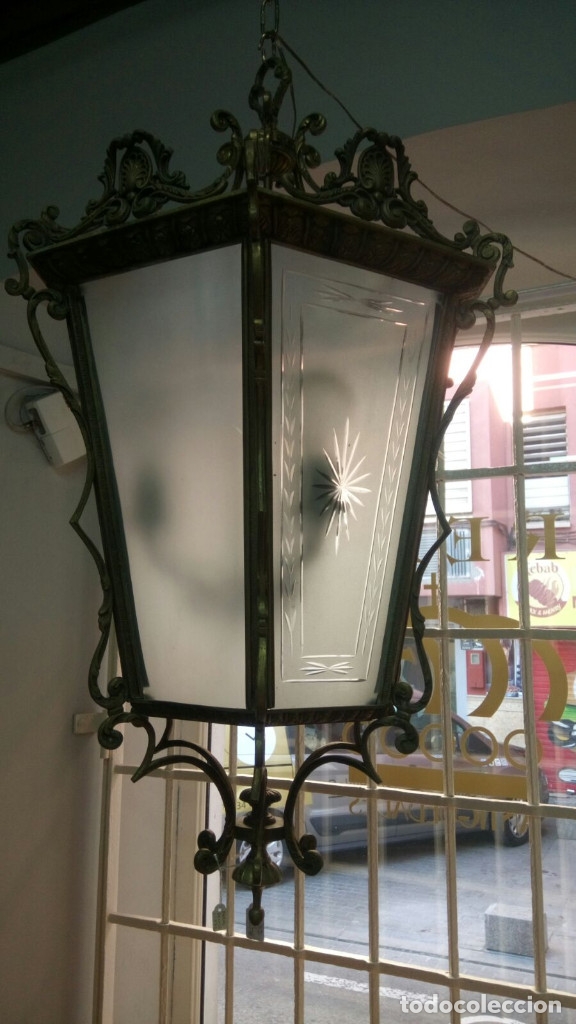 Antig&uuml;edades: Farol de bronce exagonal cristal tallado. - Foto 7