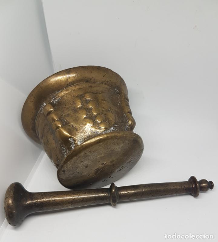 Antiques: EXCEPCIONAL ALMIREZ,MORTERO EN BRONCE DE CUATRO COSTILLAS Y ESCUDOS DE PUNTOS,S. XVII-XVIII
