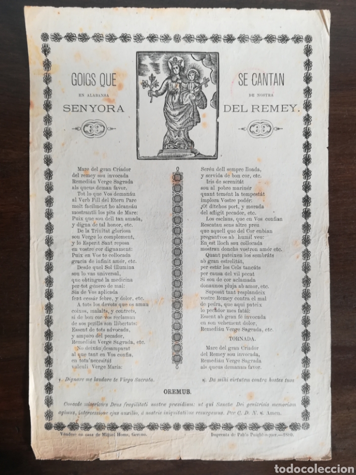 Oggetti Antichi: Goigs que se cantan en alabansa de Nostra Senyora del Remey - a&ntilde;o 1880 Gerona Girona