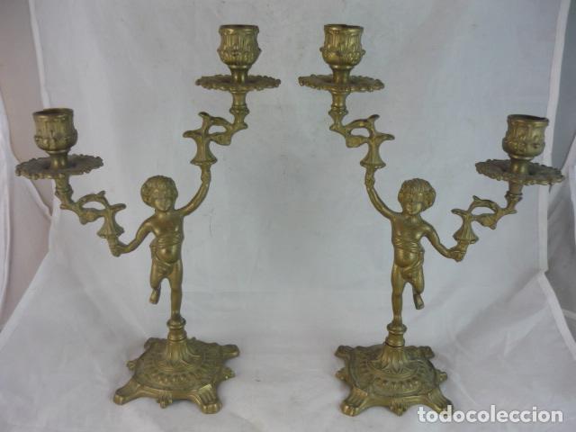 Antig&uuml;edades: Pareja Candelabro Bronce con Querubin - 29cm - Foto 1