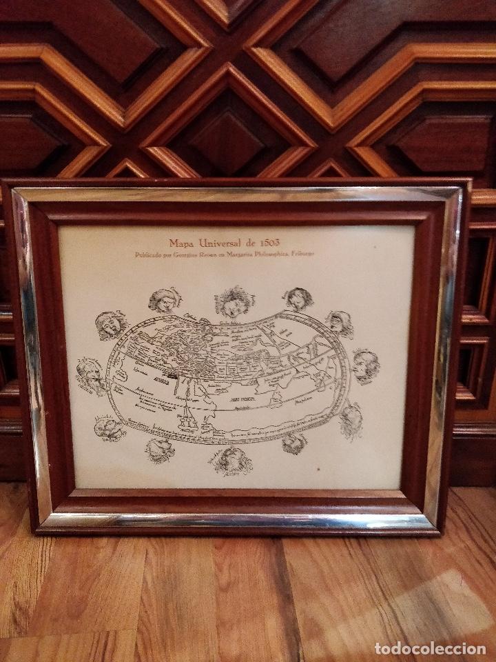 Antiquit&auml;ten: L&aacute;mina de mapa universal de 1503 enmarcado.