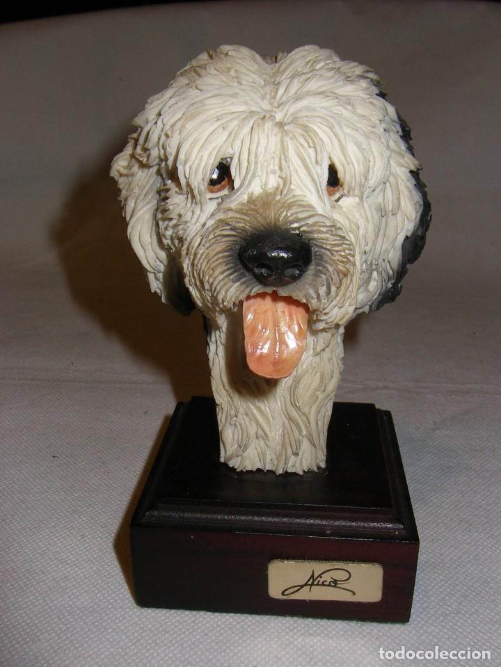 Oggetti Antichi: Busto de perro bobtail en marfilina, firmada por Nico, 13,5 cm.