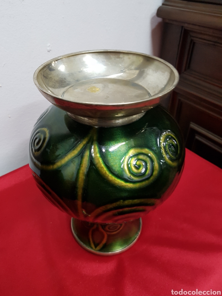 Antig&uuml;edades: Jarr&oacute;n cobre esmaltado con base y cuello de plata - Foto 8