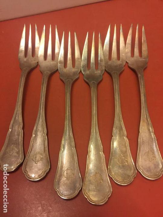 Antiquit&auml;ten: Antiguo juego de 6 tenedores, de alpaca plateada. marca ERCUIS. 1a mitad 1900.Miden unos 17cms largo