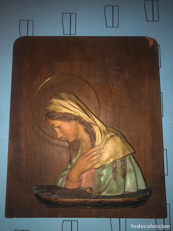 Antiquit&eacute;s: VIRGEN MARIA-TALLA SOBRE MADERA-CON LUZ.