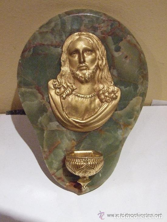 Antig&uuml;edades: BENDITERA BRONCE DORADO Y MARMOL MARCA SANTAMARIA - Foto 1