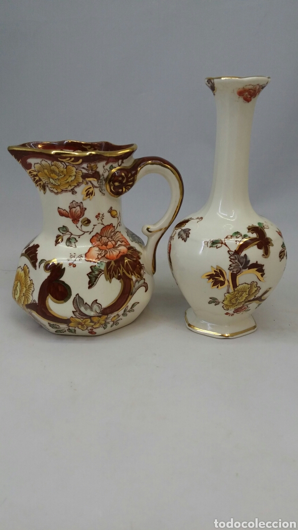 Antiquit&auml;ten: Antiguas jarrita y florero porcelana Mason's serie Braun Velvet