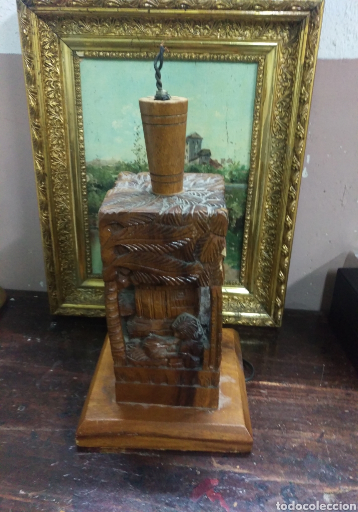 Antig&uuml;edades: L&Aacute;MPARA TALLA EN MADERA VINTAGE - Foto 3