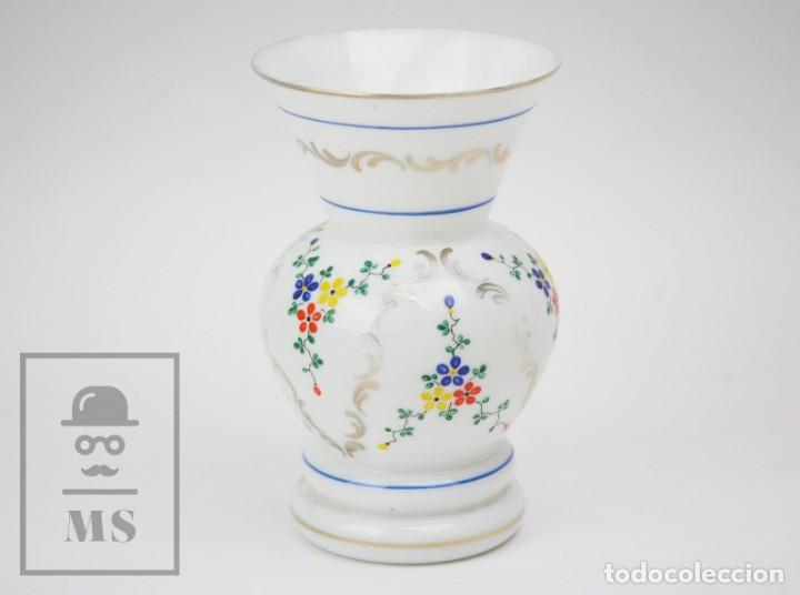 Antiques: Antiguo Jarr&oacute;n de Vidrio Opalino / Opalina Pintado a Mano - Decoraci&oacute;n Floral - A&ntilde;os 60-70