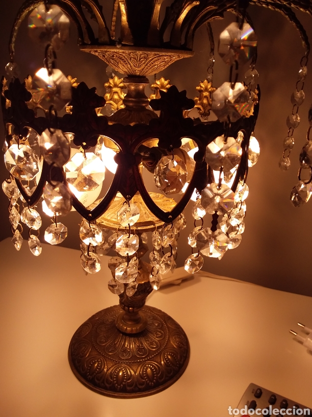 Antiguidades: Preciosa pareja de l&aacute;mparas de mesa de bronce y cristal de roca