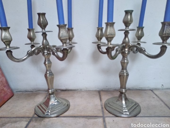 Antig&uuml;edades: Pareja candelabros alpaca plateada - Foto 3