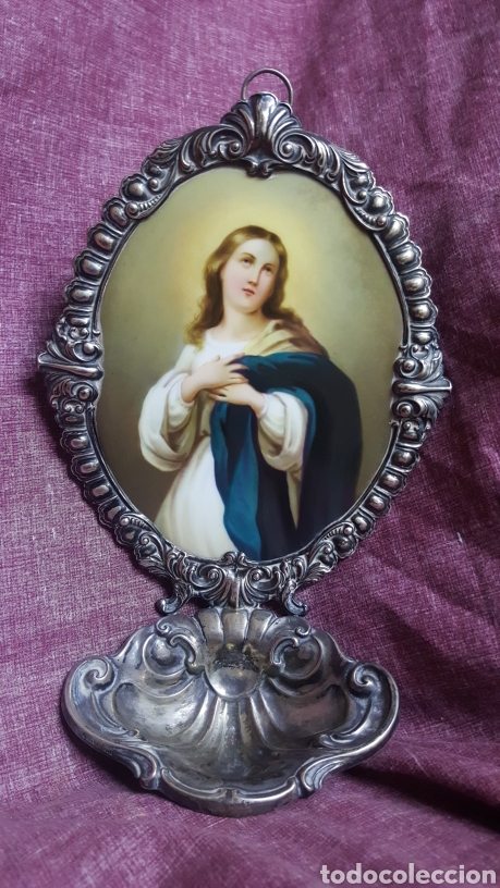 Antig&uuml;edades: Plata, PILA BENDITERA DE PLATA CON PLACA PINTADA - Foto 1