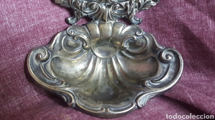 Antig&uuml;edades: Plata, PILA BENDITERA DE PLATA CON PLACA PINTADA - Foto 2