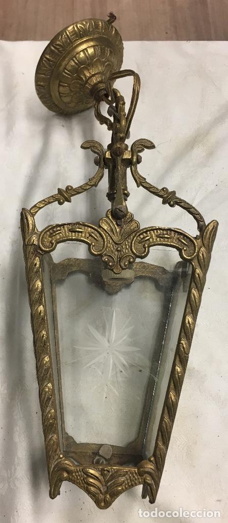 Antig&uuml;edades: Farol de bronce con vidrio grabado - Foto 1