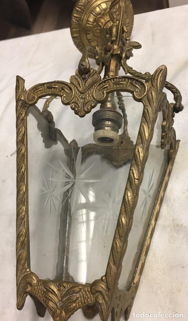 Antig&uuml;edades: Farol de bronce con vidrio grabado - Foto 5