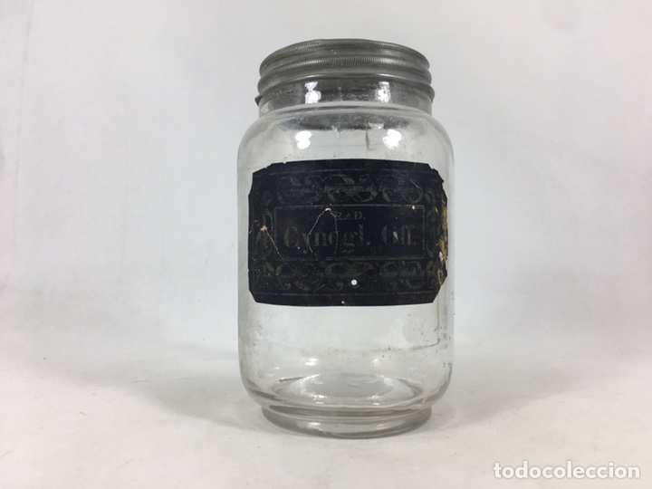 Antiquit&eacute;s: Bote o frasco antiguo de cristal de farmacia o laboratorio con tapa de esta&ntilde;o - Etiqueta de papel