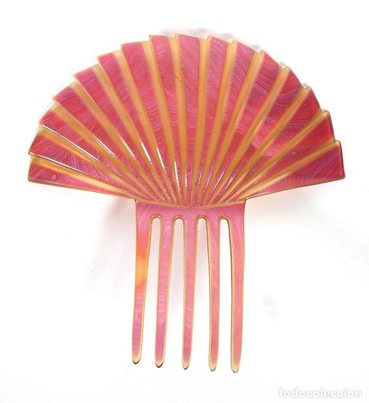Antig&uuml;edades: Art deco peine del cabello forma de abanico de celuloide rosa - Foto 1