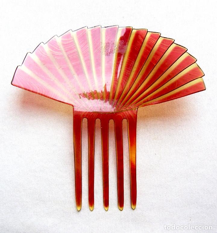 Antig&uuml;edades: Art deco peine del cabello forma de abanico de celuloide rosa - Foto 3