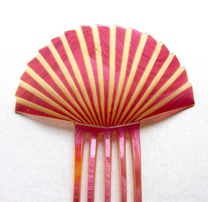 Antig&uuml;edades: Art deco peine del cabello forma de abanico de celuloide rosa - Foto 4