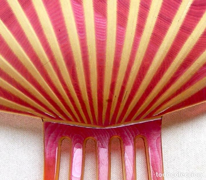 Antig&uuml;edades: Art deco peine del cabello forma de abanico de celuloide rosa - Foto 5