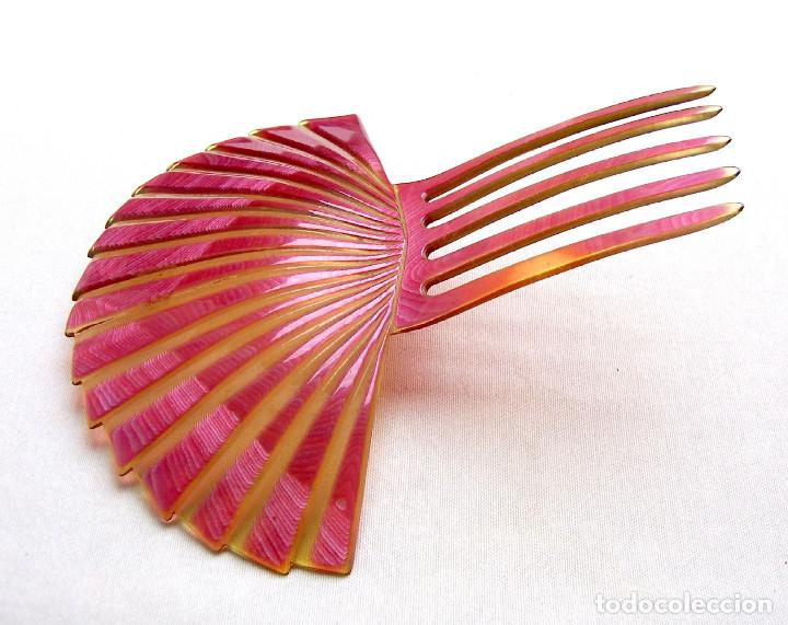 Antig&uuml;edades: Art deco peine del cabello forma de abanico de celuloide rosa - Foto 6