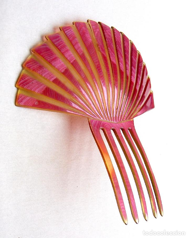 Antig&uuml;edades: Art deco peine del cabello forma de abanico de celuloide rosa - Foto 7