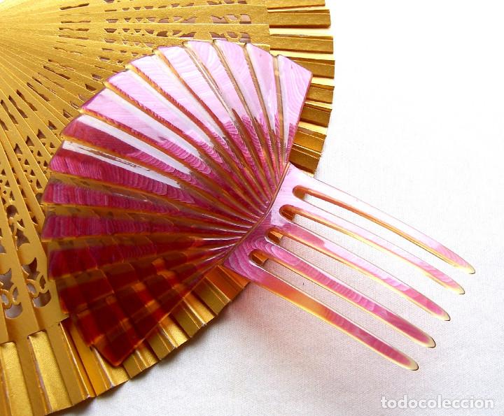 Antig&uuml;edades: Art deco peine del cabello forma de abanico de celuloide rosa - Foto 10