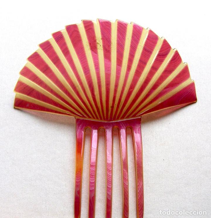 Antig&uuml;edades: Art deco peine del cabello forma de abanico de celuloide rosa - Foto 11