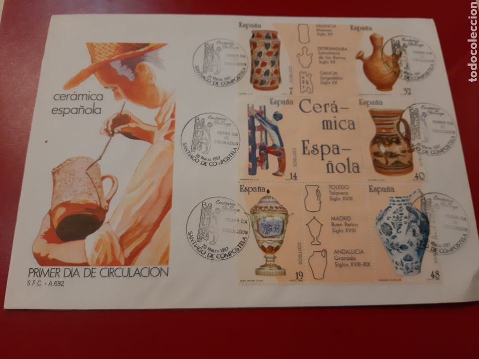 Antig&uuml;edades: 1987 Santiago de Compostela Cer&aacute;mica Gallega matasello sobre hojas bloque SFC A 692