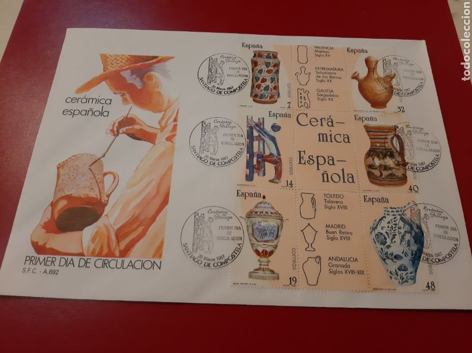 Oggetti Antichi: Cer&aacute;mica Espa&ntilde;ola matasello Santiago de Compostela Galicia primer d&iacute;a circulaci&oacute;n Cer&aacute;mica